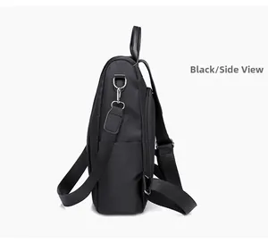 Side view of black anti-theft nylon backpack featuring side zipper pocket and metal clips