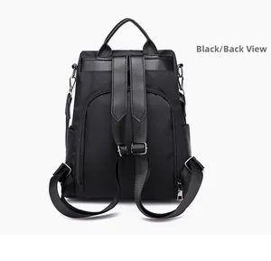 Detailed back view of a black anti-theft nylon backpack with hidden zipper pockets