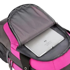 Large capacity backpack with interior padded laptop compartment in rose red and grey