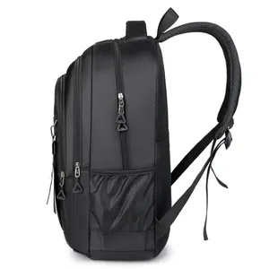 Side view of black business casual backpack with multi-layer zippers and mesh side pockets
