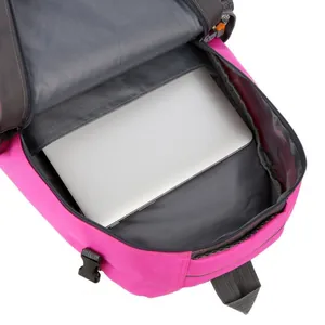 Large capacity pink outdoor backpack showing main compartment with laptop storage space