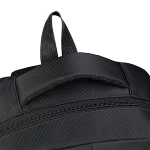 Durable black travel backpack featuring a reinforced top handle and high-density nylon fabric