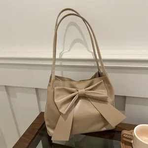Women Large Bow Shoulder Bag Minimalist PU Leather Underarm Bag Fashion Sweet Solid Color Tote Handbag Daily Commute Purse