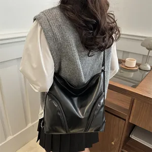 Women Fashion Soft PU Leather Tote Bag Large Capacity Casual Shoulder Crossbody Bag With Decorative Zippers