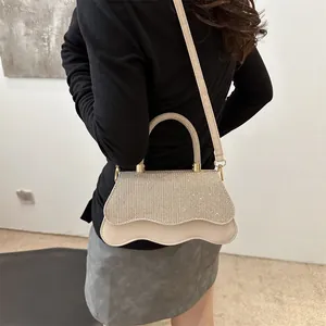 Chic beige crossbody square bag with sparkling rhinestone top and wave pattern base for women