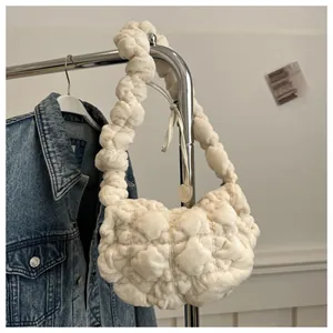 Cream white plush quilted handbag with fashion pleated texture and stylish shoulder strap