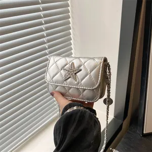 Silver quilted chain mini crossbody bag with a sparkling star emblem and metallic finish