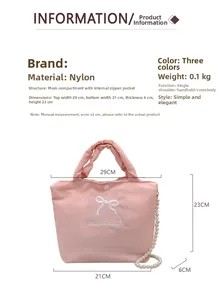 Pink quilted nylon bag detail with white bow embroidery and pearl chain dimensions