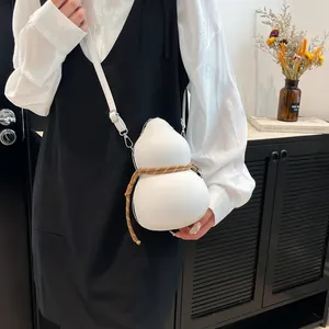 Unique gourd shaped white shoulder bag with brown woven rope detail and leather strap