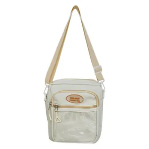 Beigefarbene Umhängetasche mit verstellbarem Gurt und transparenter PVC-Tasche