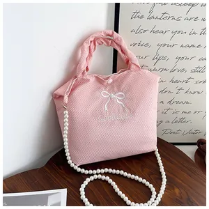 Pink bubble fabric handbag with bow embroidery and elegant imitation pearl chain
