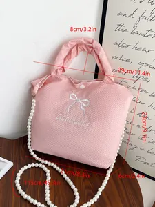 Women Elegant Waffle Texture Handbag With Bowknot Embroidery And Artificial Pearl Chain Strap Sweet Crossbody Bag Portable Tote For Daily Use