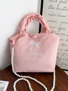 Pink ribbon tote bag with GoodLuck embroidery and elegant pearl shoulder strap