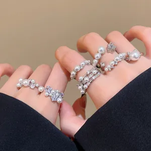 Sparkling zircon and pearl adjustable open ring set in silver finish for women