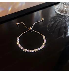 Close-up of adjustable silver slider chain with sparkling square-cut zircon stones