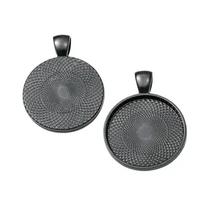 Set of 25mm round black zinc alloy bezel pendants with inner spiral texture for DIY jewelry