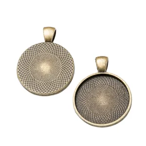 Macro detail of round vintage bronze alloy pendant trays with inner woven mesh texture