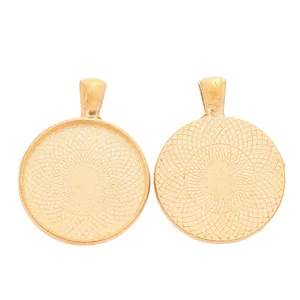 25mm vintage gold round zinc alloy DIY pendant base with geometric textured back