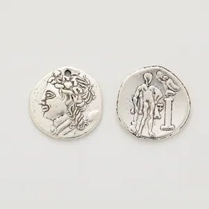 Vintage silver zinc alloy coin charms with embossed portrait for DIY jewelry making