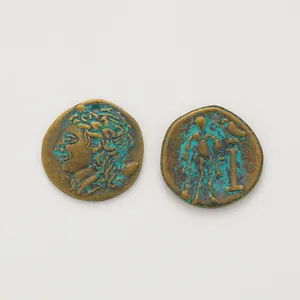 Vintage zinc alloy circular coin pendants with bronze finish and antique green patina