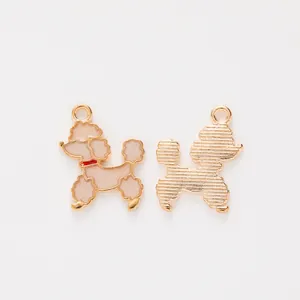 Detailed front and back views of a poodle enamel charm with golden metal texture
