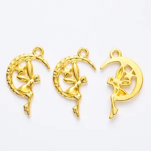 Golden fairy on crescent moon pendants with stars for DIY jewelry making and crafts