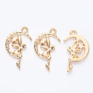 Three golden moon fairy charms with wings and star pendants for DIY jewelry making craft