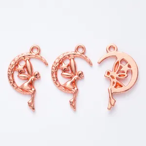 Set of 3 rose gold fairy on crescent moon pendants for DIY jewelry making and crafts
