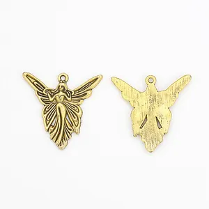 Vintage zinc alloy angel pendants in antique gold finish with detailed front and back view