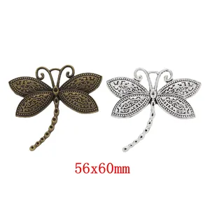 Retro zinc alloy dragonfly pendants in bronze and silver finishes, size 56x60mm