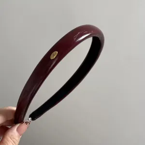 Retro burgundy leather wide headband with gold 'Love' metal detail for women