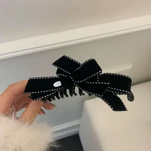 Clip de Plátano de Terciopelo Elegante Con Lazo y Costura Blanca Soporte de Coleta Coreano Grande Accesorios de Cabello Para Mujer