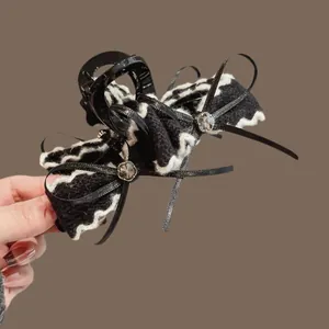 Grande Molletta per Capelli con Fiocco in Strass Vintage Nero Bianco Tessuto a Maglia Clip Elegante Accessori per Donna