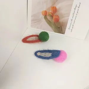 Winter mohair plush hair clip set featuring colorful wool felt balls and oval BB clips