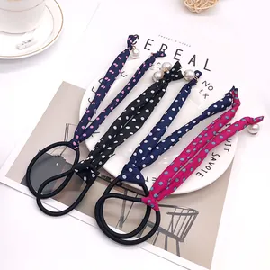 Handmade polka dot hair scrunchies with long bow ribbons and pearl pendants set