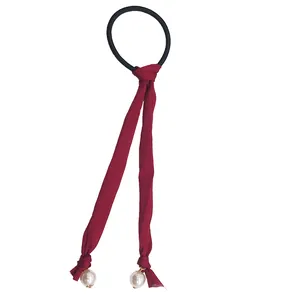 Elegant wine red ribbon hair tie with white pearls and durable black elastic band