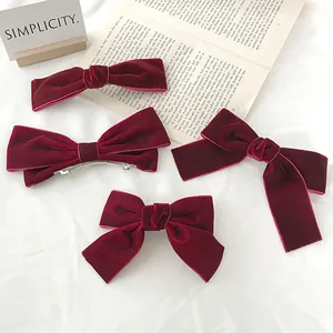 Retro wine red velvet bow hair clip set featuring four elegant styles for women's hair styling