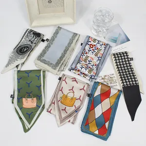 French style satin hair scarves with elegant floral and geometric prints on white background