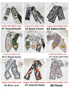 Detailed chart showing size and varied patterns of elegant silk hair scarves