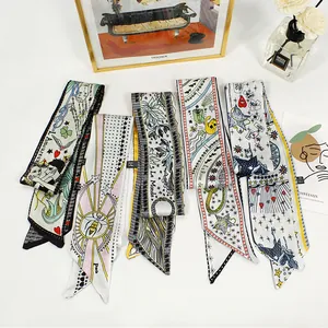 French vintage style silk twilly scarf set with tarot and bee prints for hair or neck