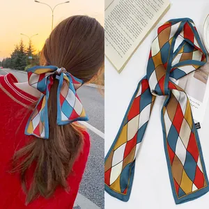 French style silk scarf hair tie with red and blue geometric rhombus checkered pattern