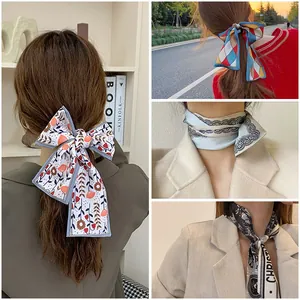 Elegant French style silk scarf set featuring floral patterns and retro bow hair ribbons