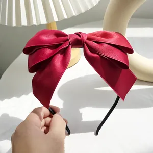 Elegant French vintage triple-layer burgundy satin bow headband with long ribbons