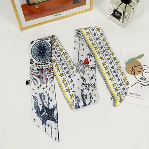 French vintage silk scarf with yellow star and blue tarot illustrations on white base