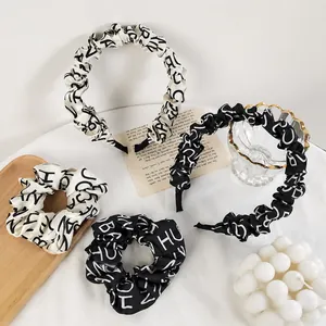 French vintage style headband and scrunchie set with black and white letter print
