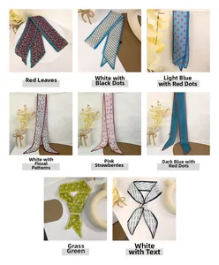 Collage of 8 stylish skinny silk scarves featuring floral, polka dot, and strawberry prints
