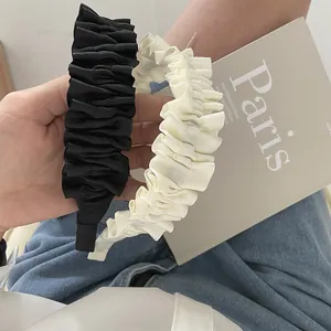 French vintage pleated wide headbands in black and cream beige fabric for women