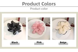 Three oversized organza scrunchies in black, pink, and beige with contrast edge detail