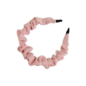 French vintage pink pleated headband in chiffon fabric with ruffled design for women