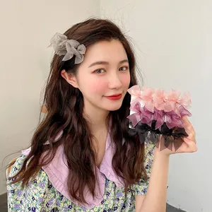 French vintage lace bow hair clips set in grey, pink, purple and black mesh fabric